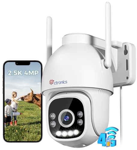 Ctronics 2.5K 4MP 3G/4G LTE Cámara Vigilancia Exterior con Tarjeta SIM, PTZ IP Cámara Seguridad, Detección Humana, Seguimiento Automático, Visión Nocturna Color, Audio Bidireccional, Blanco