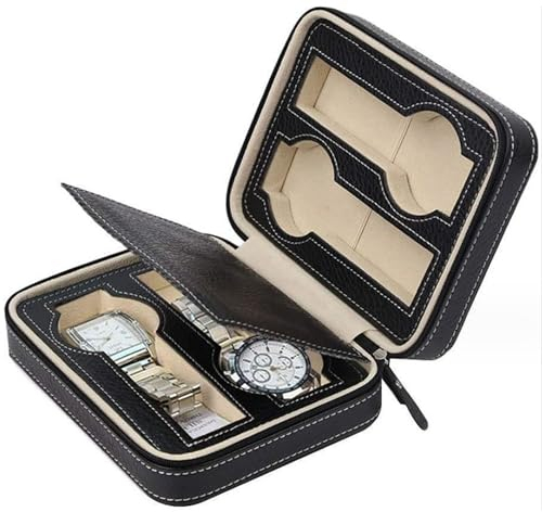 Uhrenetui für 4 Uhren, Uhrenbox Schwarz aus Kunstleder mit Reißverschluss, Uhrenkasten zum Reisen, Uhrenkoffer für Unterwegs, Uhrenschatulle mit Innenfutter aus Samt, Uhren Aufbewahrung Schwarz-4-Uhr