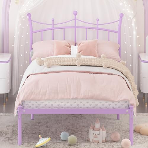 Merronix Doppelbettgestell mit Kopfteil, Prinzessinnenbett für Mädchen, robuste Metallplattform, Stauraum unter dem Bett, kein Boxspringbett erforderlich, Violett