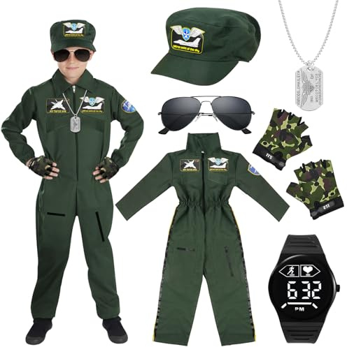 Costume Pilota Bambino, Pilot Costume Bambini,con Costume Aviatore,Cappello,Occhiali,Guanti,Collane,Orologio da Polso,Costume da Pilota per Bambino Bambini Halloween Carnevale Cosplay (120-130cm)