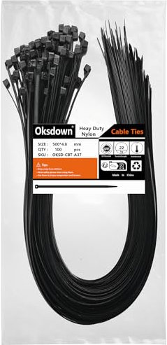 Oksdown 100 Pack Black Thick Cable Ties Heavy Duty Large 500mm×4.8mm Strong Nylon Plastic Self Locking 20 inch/50 cm Extra Long Zip Tie Wraps