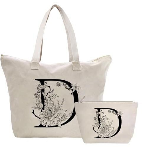 Personalizadas Bolso Tote de Mujer con Inicial, Bolsa de lona con Bolsillo Interior, Bolsa de Compras con Bolso de Cosméticos, Regalos para Damas Mejor Amigas Mamá, Regalo Cumpleaños Navidad D