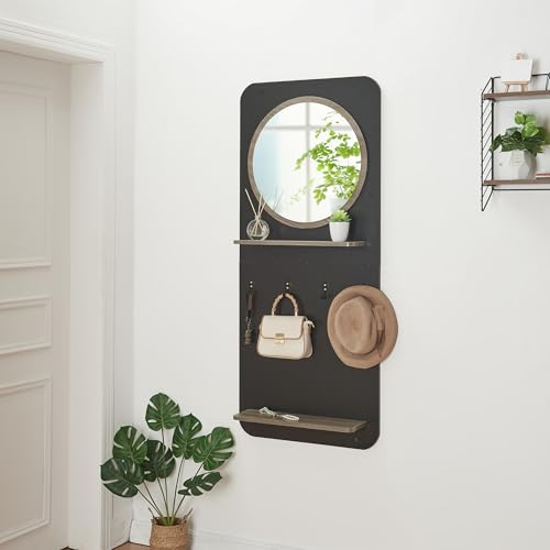 [en.casa] Portemanteau Mural avec 4 Crochets Miroir Intégré et 2 Surfaces de Rangement Meuble d'Entrée Couloir Suspendu Panneau de Particules 140 x 60 x 16 cm Noir Mat Effet Bois