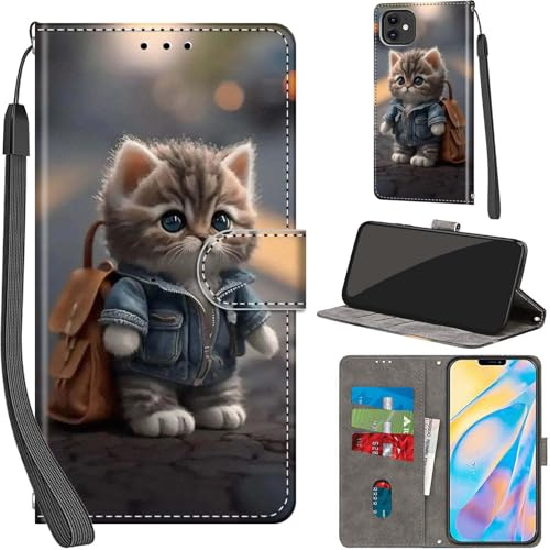 Haninsuze Case for iPhone 12/12 Pro 6.1-Inch, Cat | PU Leather, 3 Card Holder, Wallet Book Flip, Folio Stand View, Magnetic, Multi-Pattern Cover, Lanyard Strap