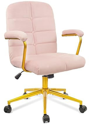 CLATINA Chaise de Bureau à Dossier Moyen en Velours avec accoudoirs, chaises d'ordinateur avec roulettes et siège rembourré, Chaise pivotante Ergonomique à roulettes avec Base en métal doré pour