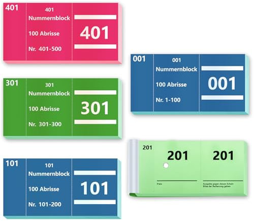 5 Büche Doppelnummern 1-500 Nummern Zahlen 3 Farben 5X10cm Nummernblock Nummernblöcke Tombola Garderobenmarken Lochstanzung Lose Tombola Nummerierte Abrisse Doppelnummernblock Blau Grün Rosa