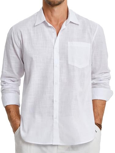 HISDERN Men's White Linen Shirts Long Sleeve Lightweight Button Up Regular Fit Casual Summer Beach Shirt with Pocket XL