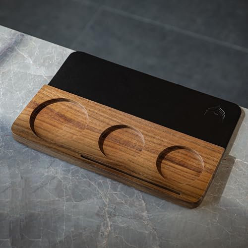 KNODOS Espresso-Stopfmatte für Theke, Walnussholz, Leder, Tamperstation mit mehreren Schlitzen, Premium-Espressomaschinen-Zubehör, 58 mm