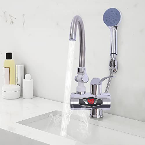 3000 W, scaldabagno elettrico, set per doccia, girevole a 360°, riscaldamento a 30 – 60 °C, con soffione e indicatore di temperatura LCD, per cucina, bagno, spina UE