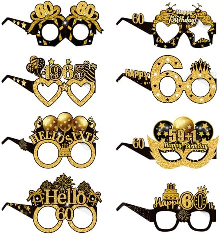 COLANANA Birthday Party Glasses Decoration,60th Birthday Party Decorations,8 Pieces Funny Paper 60th Birthday Eyeglasses Deco,Birthday Photo Booth Props Supplies for Women Men