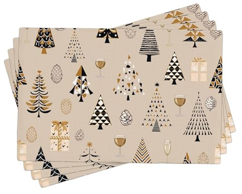 Christmas Tree Placemats Set of 4, Gold and Black Festive Table Mats for Winter Holiday Dining, Washable Indoor Outdoor Decorative Cloth Placemats 18x12 Inch