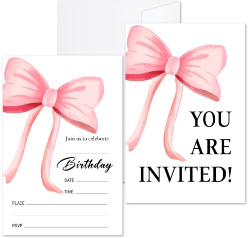 ZSHFMY Ty02 Lot de 20 cartes d'invitation d'anniversaire avec enveloppes Motif nœud rose