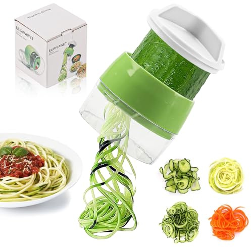 TIVUNORON 4 en 1 Espiralizador de Verduras, Rallador de Verduras en Espiral, Cortador de Calabacin en Espaguetis, Acero Inoxidable, Cortador de Verdura para Zanahorias, Pepinos, Patata, Calabacín