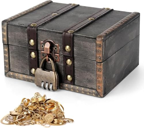 DINGFENG Vintage Holz Schatztruhe, Schatzkiste kinder mit Schloss Holztruhe, 17 X11X8CM Schatztruhe Kindergeburtstag Holzkiste Klein Piratenschatztruhe Schmuckkästchen für Aufbewahren und Dekorieren