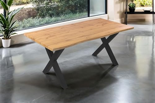SAM Esstisch Josy | 180 x 90 cm | Holz Wildeiche-Optik | X-Gestell Metall schwarz | 40 mm Tischplatte mit Baumkante | Tisch für Esszimmer & Küche