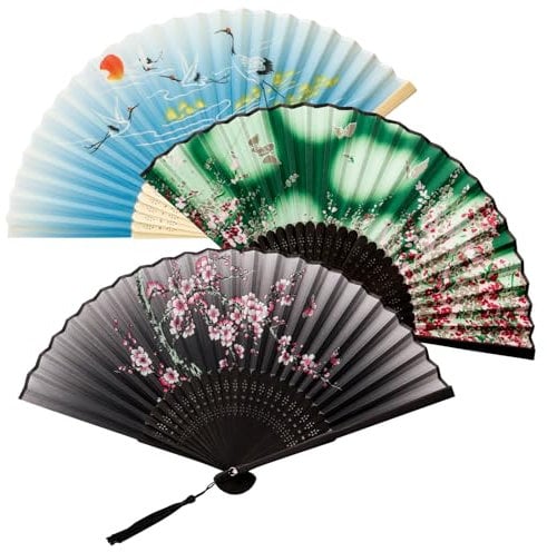 3 Stück Vintage Seide Faltfächer Bambus Handheld Faltfächer Chinesischen Retro Stil Hand Fächer Mit Quasten für Wanddekoration Wanddekoration Geschenk Blau Grün Schwarz