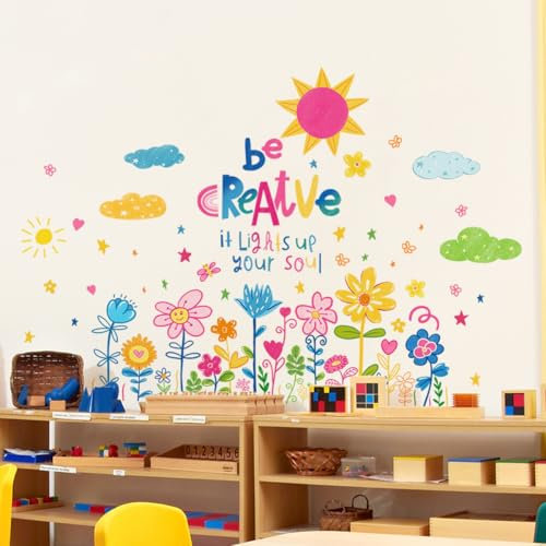 Fufuquare DIY Niedliche Cartoon Farbige Blumen Wandtattoo Sonne Wolke und Stern Vinyl Wandaufkleber für Kinderzimmer Badezimmer Klassenzimmer