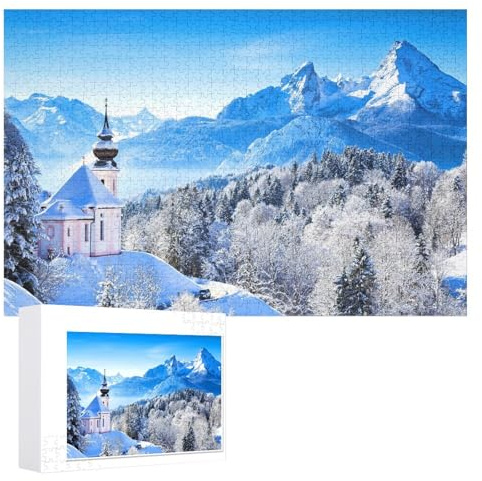 Puzzle für Erwachsene und Kinder ab 14 Jahren, 1000 StüCk，„Wallfahrtskirche und Watzmann-Gipfel im Winter, Berchtesgadener Land,，Lernspielzeug FüR Kinder 38x26，Papier Puzzle