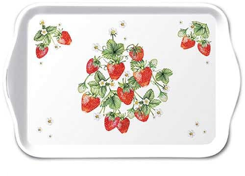 Ambiente Tablett 13x21cm Melamin mit Erdbeeren Motiv - zum Dekorieren & Servieren - kleines Serviertablett für Kaffee Tee Frühstück - Tischdeko Sommer Garten Küche - Dekotablett Früchte Weiß Rot