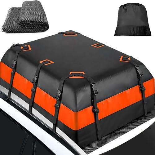 PUBIBD Auto Dachbox für Tesla Model 3 Model X Model Y Model S, 600L 21 Kubikfuß Faltbare Dachtasche Gepäckbox Dachboxen, Universal wasserdichte Reißfeste Dachkoffer,A 132 * 101 * 46cm(Black+Orange)