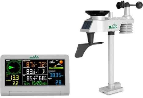 SQECH Stazione Meteo con Sensore Esterno, 7 in 1 Stazione Meteo, Stazione Meteorologica Domestica con Previsioni Del Tempo,Temperatura e Umidità, Pluviometro, Vento, Fasi Lunari, Calendario, Sveglia