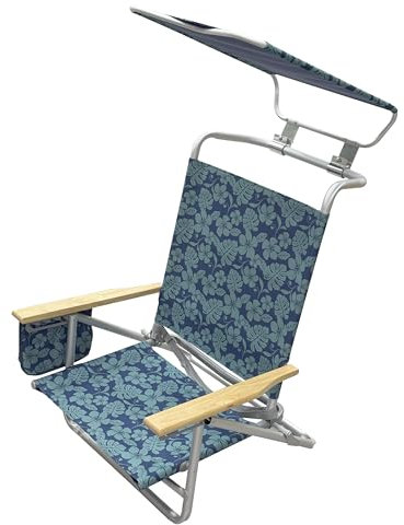 FENGSEN Silla de Playa Reclinable con 5 Posiciones y Toldo – Silla Plegable de Aluminio con Reposabrazos de Madera, Bolsa, Portavasos y Compartimento – Playa, Camping y Jardín (Azul Marino)