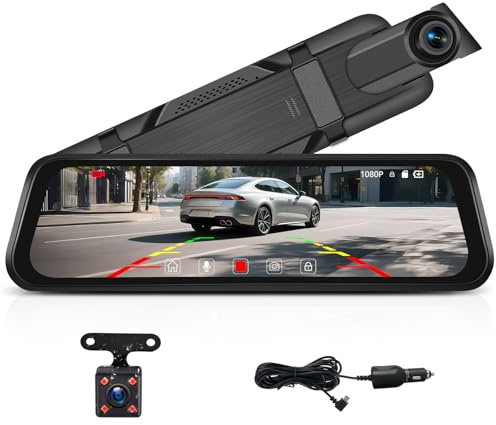 SIXTOP 9.66 Mirror Dash Cam Night Vision 1080P IPS Full Touch Screen Rear View Mirror Camera, Dual Dash Camera Front and Rear, Wide Angle, Reverse Assist, Loop Recording, Driving Recording