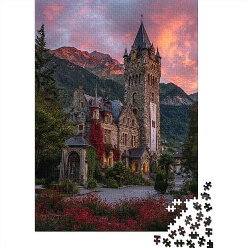 Grindelwald Schloss, Tower. Beautiful Red Blumen Rätsel Für Erwachsene || Familienspaß-Puzzles 70x50cm/1000pcs