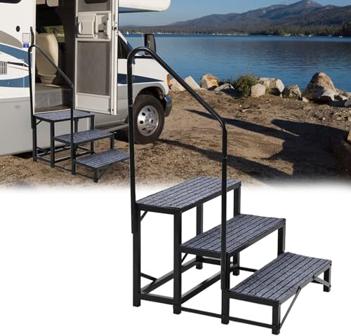 Aptliton Portable 3/4-Step RV Stairs with Handrail – Heavy Duty Steel Caravan & Hot Tub Steps, Non-Slip Treads with Yellow Edge, Adjustable Side Rail for Motorhome & Trailer