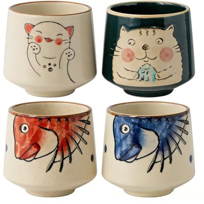 Echo d'Asie Tasse en céramique japonaise (200 ml) x4，Tasse à thé japonaise, Tasse à café,Tasse chat kawaii,Sans Anse,Cadeau Original pour Maison & Bureau