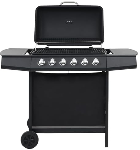 QUAHEAS Barbecue a gas a 6 fuochi, in acciaio nero, superficie grill, 63,5 x 37,5 cm, potenza 12 kW, accensione elettronica, termometro integrato, ruote stabili, ideale per giardino, balcone, terrazza