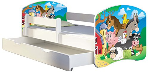ACMA Kinderbett 140x70 Jugendbett mit Einer Schublade und Matratze, Rausfallschutz, Lattenrost Weiß, stabil, Kinderzimmer Bett, Jugendmöbel Design 34 Farm