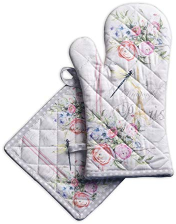 Maison d' Hermine Champ De Mars Ensemble de Gants de Four de (19cm x 33cm) et maniques de (20cm x 20cm), 100% Coton, pour Barbecue, Cuisson, Four, Micro-Ondes, grillades, Printemps/Été, Pâques