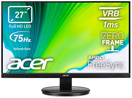 Acer KB272HLHbi Monitor FreeSync da 27, Display VA FHD, 75 Hz, 1 ms, 16:9, VGA, HDMI, Schermo PC con Contrasto 100M:1, Lum 250 cd/m2, Zero Frame, Cavo VGA Incluso