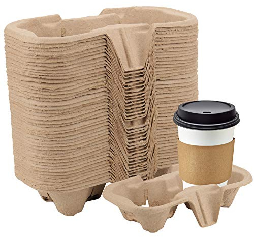 KEILEOHO 100 Pack 2-Cup Pulp Fiber Drink Carrier, to Go Coffee Cup Holder, Disposable Drink Carrier Tray for Hot or Cold Drinks, Coffee Shops, Takeaway Shops, Restaurants,Grocery Stores, Juice Bars