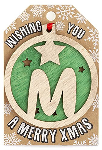 Personalised Wooden M Letter Initial Green Hanging Christmas Tree Bauble Decoration