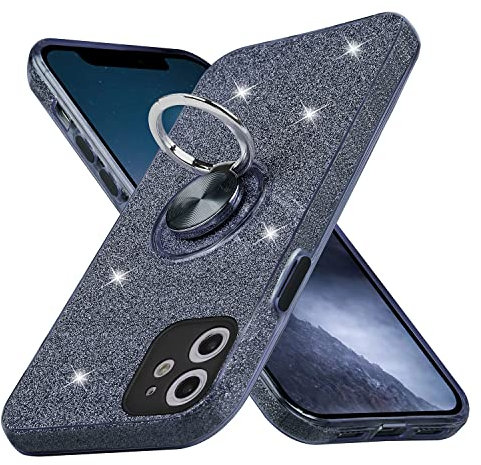 wisdompro Glitter Case for iPhone 11, Cute Bling Sparkle Protective Case with Ring Kickstand, Women Girls Phone Case for iPhone 11 (6.1 Inch) - Black