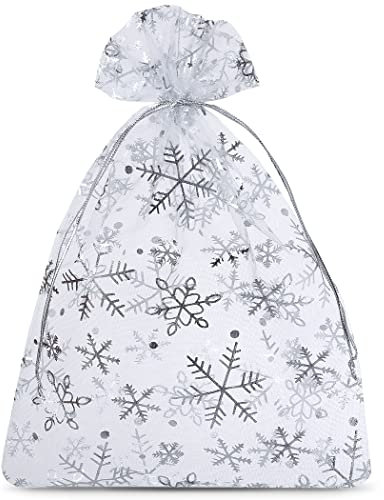 SAKETOS Weihnachten Organza Beutel 10 Stück Stoffsäckchen mit Weihnachts Motiv Geschenksäckchen Organzasäckchen mit Zugband Geschenkverpackung Weihnachts Dekoration I 22 x 30 cm - Weiß Weihnachten