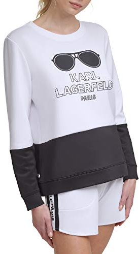 Karl Lagerfeld Paris Sweat-Shirt avec Logo Sunglass Colorblock Maillot de survêtement, Blanc/Noir, XS Femme