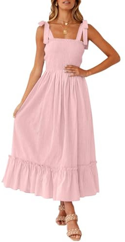 ZESICA Robe Longue d'été avec Bretelles Fines, col carré et Volants, Couleur Unie, pour Femme, Rose, Taille S
