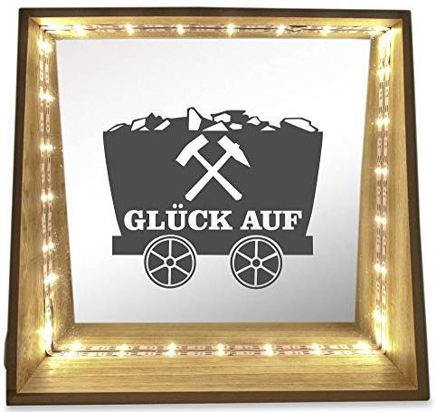 WB wohn trends Deko-Leuchte LED-Spiegel aus Holz mit Motiv, Lore Glück auf Ruhrpott Ruhrgebiet, 24x23x8cm, Deko-Spiegel Licht LED-Lampe mit Text Spruch