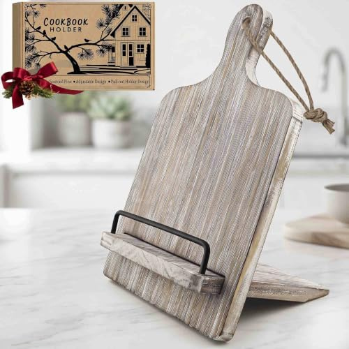 Adjustable Wooden Cookbook Stand Holder - Rustic Grey Cutting Board Style