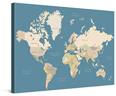 PICANOVA Weltkarte Leinwand Bilder - Premium-Leinwand-Kunstdruck - Bild auf Holzrahmen gespannt als Galerie-Kunstwerk - Weltkarten Sammlung für wohnzimmer - Modern Blau - 120x80cm