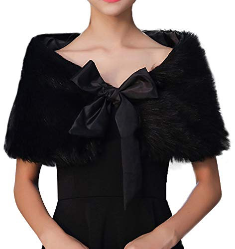Châle en Fausse Fourrure Hiver Femme Mariée Demoiselle d'honneur Cape Mariage Wrap Mariée Châle Mariage Écharpe Chaude Étole pour Robe De Fête De Mariage Soirée, Noir, M
