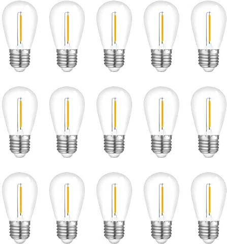 Visther 15-Pack String Light Bulbs, S14 LED Outdoor Waterproof Replacement Bulb, E26 Base Bulbs, 1W 120V, 2700K Warm White