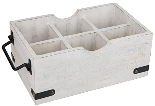 GoCraft 6-Compartment Wooden Flatware Caddy – Versatile Organizer for Kitchen Utensils, Silverware, Condiments, Craft Supplies, Makeup Brushes – Whitewashed Mango Wood with Sturdy Metal Handles