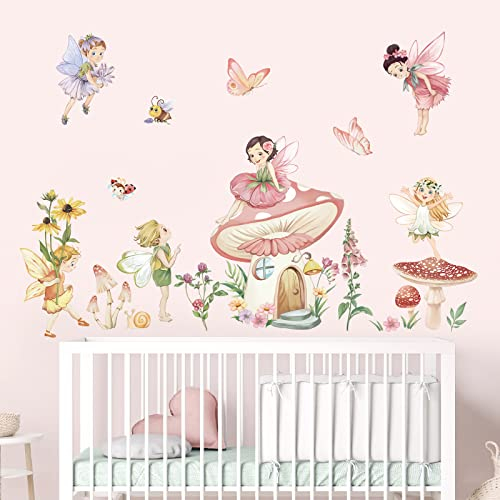 wondever Stickers Muraux Fée et Champignon Autocollants Muraux Mural Stickers Fleurs Elfes Papillon pour Chambre Enfants Bébé Pépinière