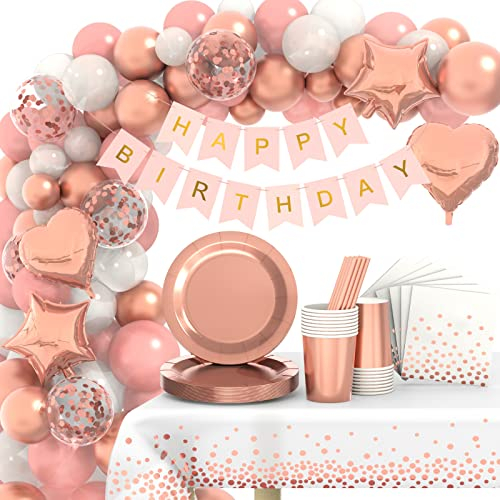 Rosegold Partygeschirr Set, Geburtstag Party Geschirr, Pappteller Kindergeburtstag Set für Geburtstagsdeko Mädchen Partys, Geburtstags, Hochzeit, Jubiläen, Babyparty 16 Gäste