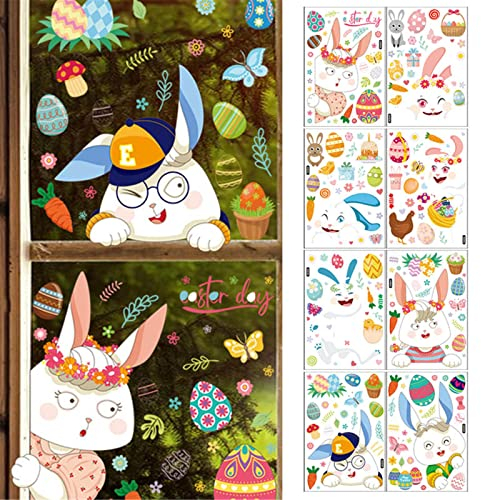 Fensterbilder Ostern Selbstklebend Fenstersticker Ostern Wiederverwendbar Fensterdeko Frühling Kinder Fensterbilder Osterdeko mit Osterhase Ostereier Osterküken, Fenster Aufkleber für (F, One Size)