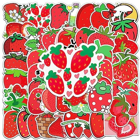 50 Pcs Strawberry Stickers Cartoon Cute Fruit Sticker for Water Bottle Skateboard Laptop Scrapbook Phone Luggage Bike Car Computer,Vinyl Waterproof Red Stickers for Teens Girls Kids